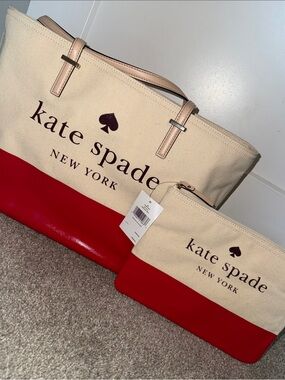 Kate Spade ♠️ Canvas Two-Tone Tote & Pouch - Cream & Red